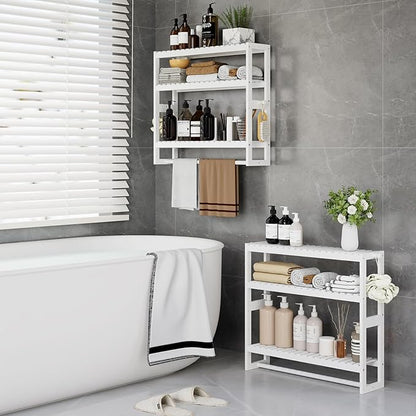 RRX Bathroom Shelf Storage Organizer, Bathroom Shelf 3-Tier Adjustable Layer Bamboo Organizer with Bar,Hanging, Freestanding Over Toilet Utility Shelves,White