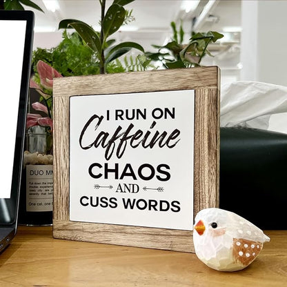 Modern Farmhouse Coffee Decor, White & Brown Wooden Box Sign, 5.9x5.9x0.7 Inch, I Run On Caffeine Chaos And Cuss Words