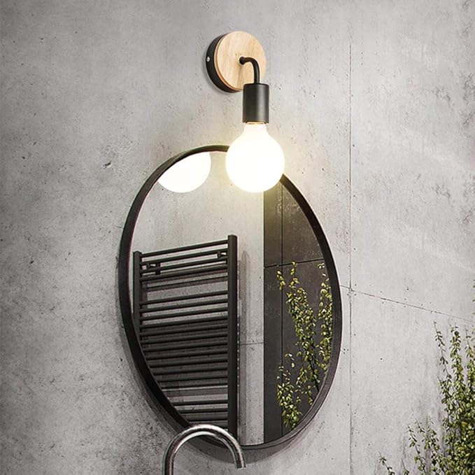 Vintage Loft Style Wooden Base Wall Lights Metal Lamp Minimalist Indoor Wall Sconces E26 Lamp Holder Lighting for Living Room Bedrooms (Bulb Sold Separately) (Black)