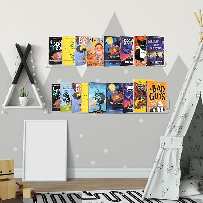 Weiai Clear Acrylic Floating Shelves 24 inches, Wall Bookshelf for Kids, Transparent Book Shelf Ledge for Wall, Set of 3