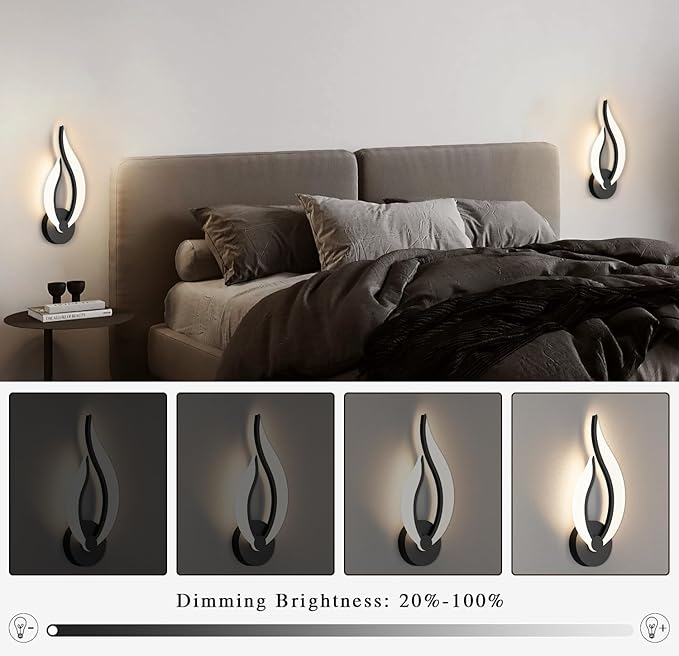 Hard-Wired 2-Pack Modern Indoor Wall Sconce 10W LED Black Dimmable Wall Sconce Set of 2 for Living Room Bedroom Hallway (Warm White Light, 3000K)