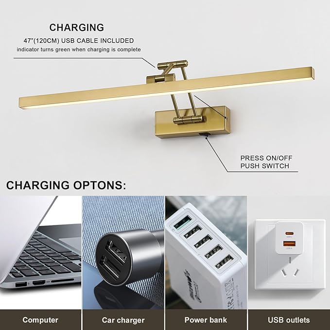 5W LED Wireless Picture Lights with Remote and Timer 23.6'' Inch Rechargeable Brass Gallery Lighting Battery Operated Art Lights Over Frame Portrait
