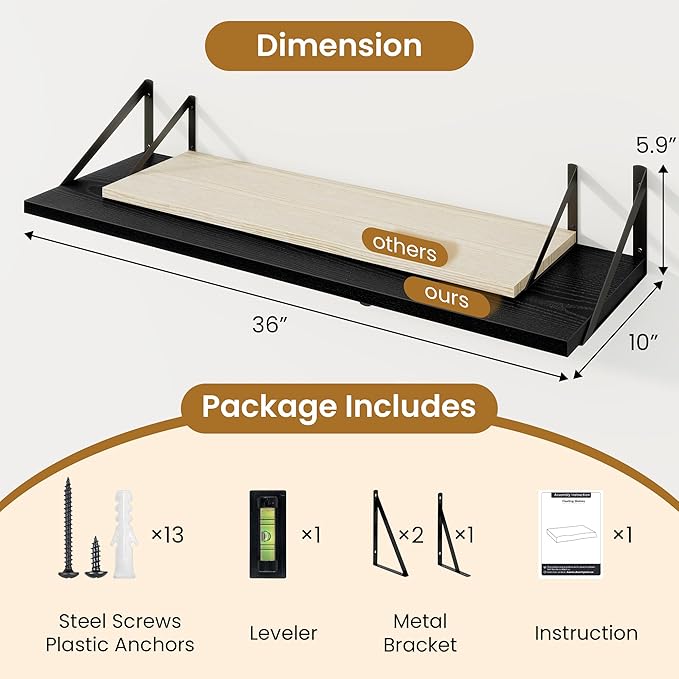 Black Deep Floating Shelves for Wall,36" Wx10 D Wood Wall Shelves with Metal Brackets,Hanging Storage Floating Shelf for Living Room,Bedroom,Bathroom,Office,Kitchen