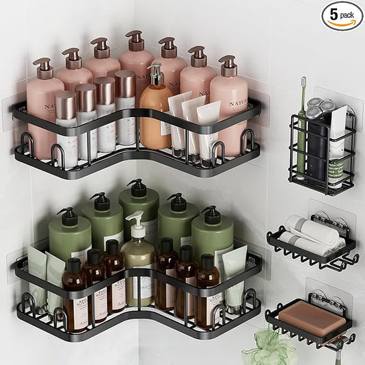 Veken Corner Shower Caddy 5-Pack, Advanced Rustproof Design, No Drilling Adhesive Shelves, Rack with Soap Holder, Large Capacity Bathroom Organizers and Storage, Wall-Mounted Kitchen&Home Decor,Black