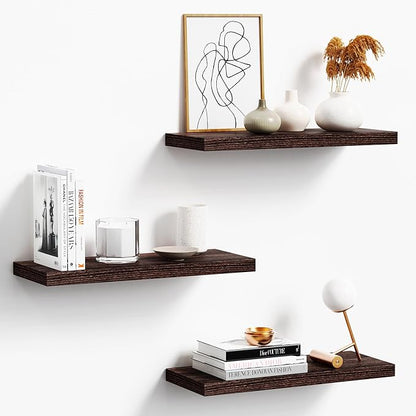 3 Pack Floating Shelves, 16in Brown Paulownia Wood, Rustic Style, Wall Mounted Storage Shelves for Kitchen, Living Room, Bedroom, Bathroom Decor, 75lbs Load Capacity