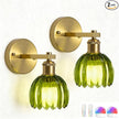 Wall Sconces Set of Two, Battery Operated Wall Light with Remote, Wireless Rechargeable Wall Sconce, 12 Colors & Dimmable, Scalloped Green Glass Shade, Vintage Brass Wall Lamp for Bedroom, Living Room