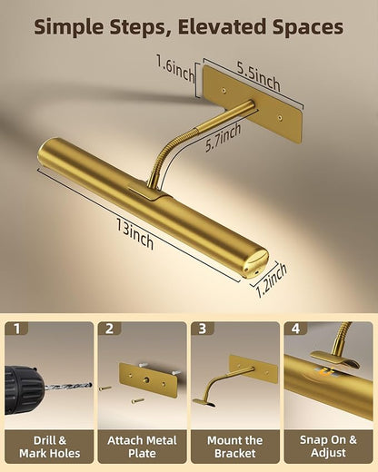 EZVALO Wireless Picture Light for Wall, 13Inch 4000mAh Rechargeable Battery Painting Light with Remote, 3 Color Temps Dimmable Gold LED Art Light for Gallery, Living Room, Hallway