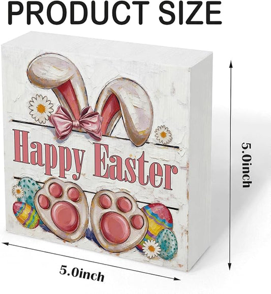 Easter Tiered Tray Decor Happy Easter Bunny Wooden Box Sign, Rustic Farmhouse Spring Desk Tabletop Decoration, Easter Shelf Plaque for Home Living Room Kitchen