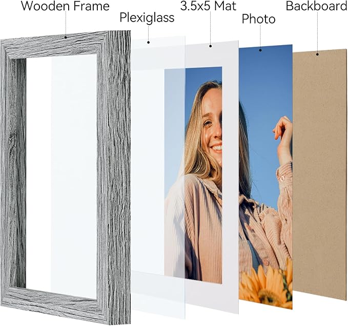 Vittanly 4x6 Picture Frame Set of 4, Display Pictures 3.5x5 with Mat or 4x6 without Mat, Engineered Wood with Shatter Resistant Plexiglass, Small Photo Frames for Wall or Tabletop Display, Grey