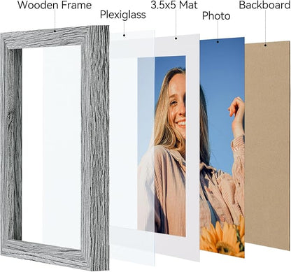Vittanly 4x6 Picture Frame Set of 4, Display Pictures 3.5x5 with Mat or 4x6 without Mat, Engineered Wood with Shatter Resistant Plexiglass, Small Photo Frames for Wall or Tabletop Display, Grey
