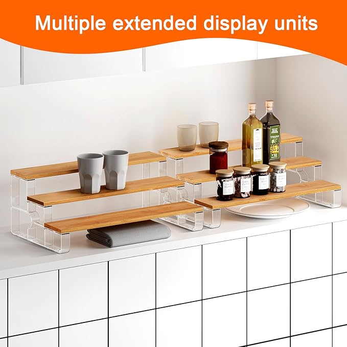 junyuan Spice Rack Organizer for Cabinet,3 Tier Spice Organization for Kitchen,Bathroom Organizers and Storage,Seasoning Countertop Shelf,Bamboo Display Shelves Racks,Clear 11.2