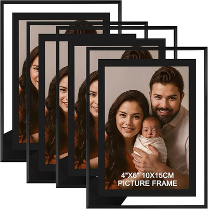 IZIDDO 4x6 Picture Frames Set of 4, Black Glass Photo Frame,for Wall Mount or Tabletop Standing, Gift Picture Frame, Horizontally or Vertically (4x6, Black or Sparkling silver Randomly)