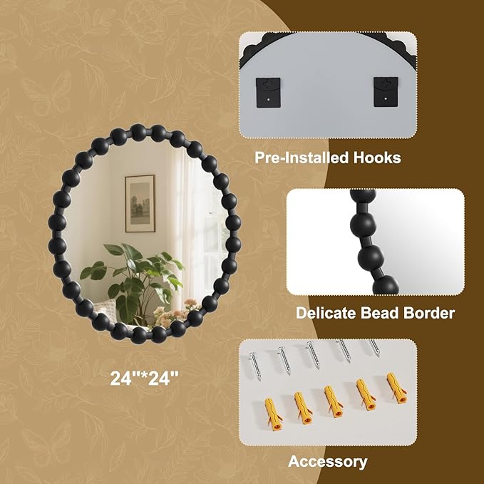 Round Mirror for Wall, 24 Inch Black Beaded Frame Decorative Vanity Mirror, Circle Bathroom Mirror with High-Definition Lense, Modern Wall Decor for Bathroom, Living Room, Bedroom, Entryway
