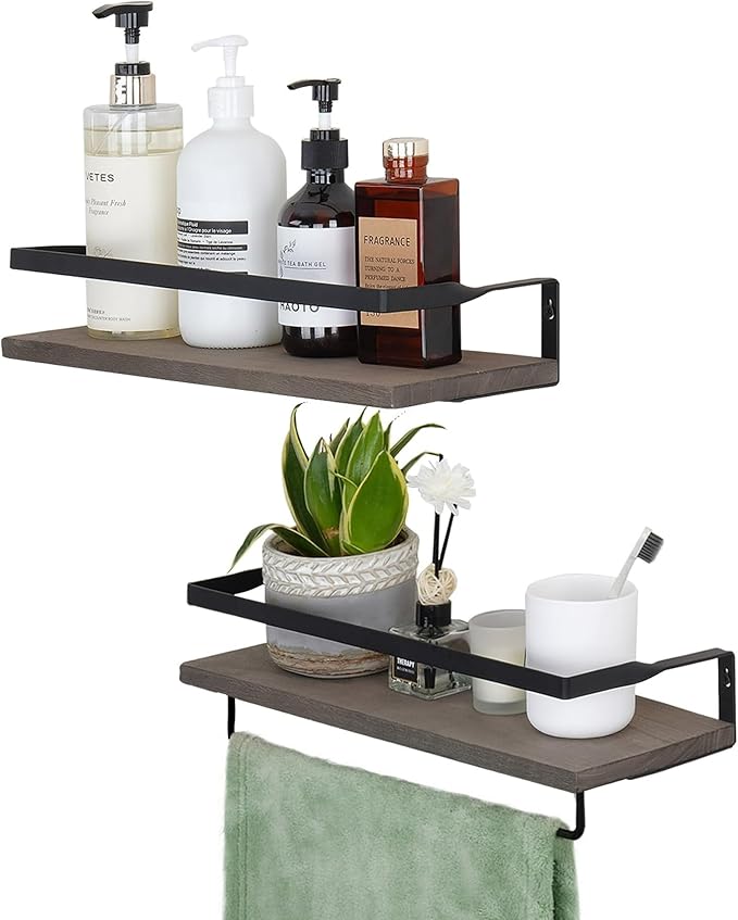 Elevon Floating Shelves for Bathroom Organizer Over Toilet, Bathroom Shelves Wall Mounted with Towel Rack, Corner Wall Shelf for Bedroom Decor Kitchen Storage (Gray, Set of 2)