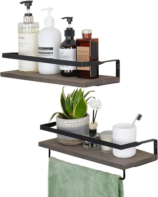 Elevon Floating Shelves for Bathroom Organizer Over Toilet, Bathroom Shelves Wall Mounted with Towel Rack, Corner Wall Shelf for Bedroom Decor Kitchen Storage (Gray, Set of 2)