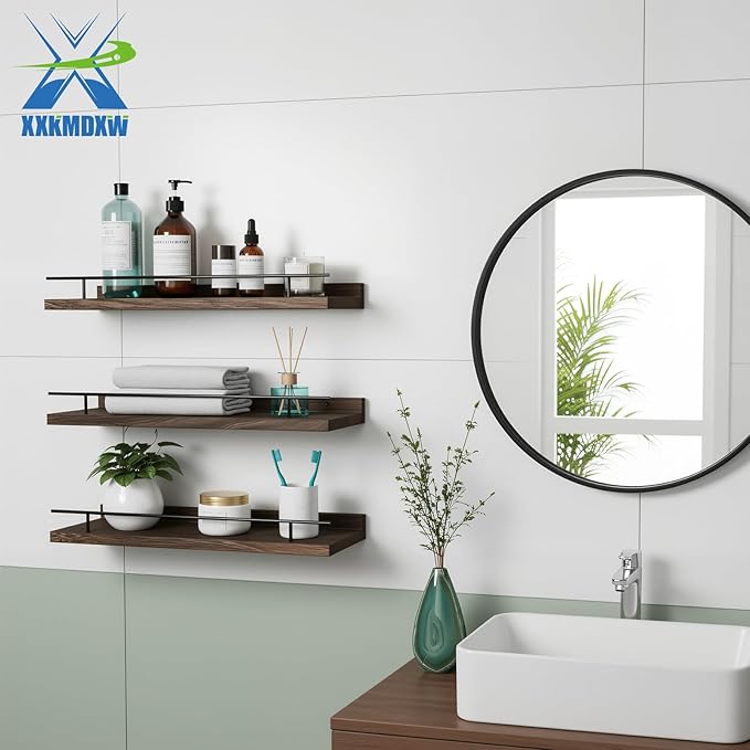 Floating Shelves Set of 3, 15.74 inches Rustic Wood Wall Shelves for Bathroom，Bedroom, Living Room, Kitchen & Book, Hanging Display Decor Organization Shelf with 22 lbs Capacity