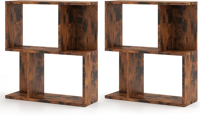 Tangkula 3 Tier Geometric Bookshelf, S Shaped Open Bookcase with Storage, Home Office Decor, Freestanding Wood Display Shelf for Living Room Study, Small Bookshelf for Small Spaces (2, Rustic Brown)