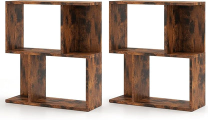 Tangkula 3 Tier Geometric Bookshelf, S Shaped Open Bookcase with Storage, Home Office Decor, Freestanding Wood Display Shelf for Living Room Study, Small Bookshelf for Small Spaces (2, Rustic Brown)