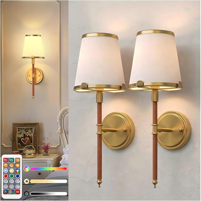 DORESshop Battery Operated Wall Sconce Set of 2, Wireless Wall Light Easy to Install, 7 Color Rechargeable Wall Sconces, Sconce Wall Decor Set of 2 for Bedroom, Living Room, Gold and Leather, 18.7in