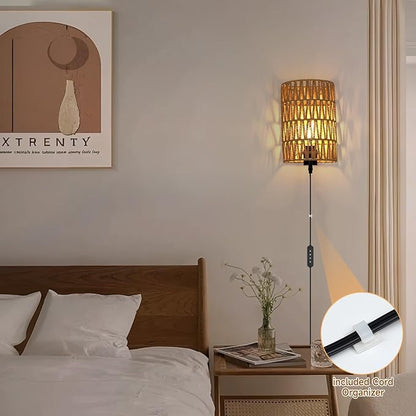 Boho Wall Decor Plug in Wall Sconces, Dimmable Sconces Wall Decor Set of 2, Natural Hemp Rope Boho Decor, Plug in Wall Light with Remote, LED Bulbs Included