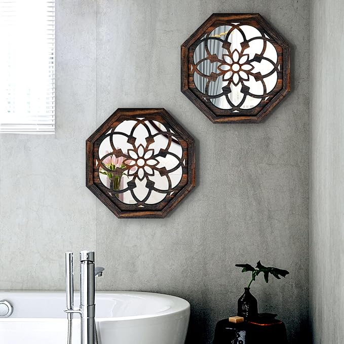 2-Piece Octagon Wall-Mounted Mirrors,Vintage Farmhouse Mirror for Wall Decor,Caramel Color Decorative Accent Mirror for Foyer, Bathroom, Bedroom. (12”x12”)