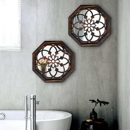 2-Piece Octagon Wall-Mounted Mirrors,Vintage Farmhouse Mirror for Wall Decor,Caramel Color Decorative Accent Mirror for Foyer, Bathroom, Bedroom. (12”x12”)