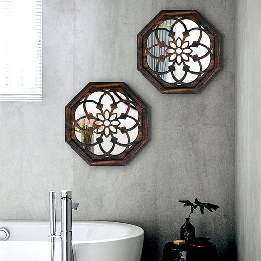 2-Piece Octagon Wall-Mounted Mirrors,Vintage Farmhouse Mirror for Wall Decor,Caramel Color Decorative Accent Mirror for Foyer, Bathroom, Bedroom. (12”x12”)