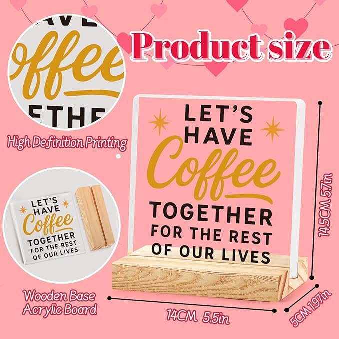 Rustic Valentines Desk Decor for Coffee Bar Porch Tiered Tray, Happy Valentine's Day Home Office Table Sign for Shelf Party, Let's Have Coffee Together