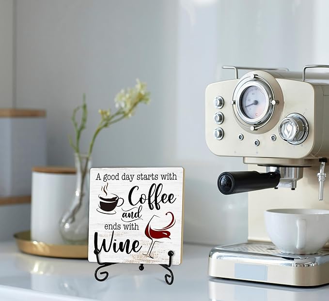 Coffee And Wine Desk Decor Sign, Rustic Wooden Sign With Stand, A Good Day Starts With Coffee And Ends With Wine Sign For Farmhouse Home Kitchen Bar Shelf Table, Gifts For Family Friend Coworker-03