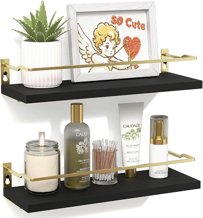 RICHER HOUSE Bathroom Floating Wall Shelf Set of 2 - Guard-Rail Small Wood Shelves for Decor, Over Toilet Storage, Kitchen Organizer - Black Gold