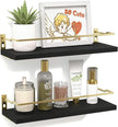 RICHER HOUSE Bathroom Floating Wall Shelf Set of 2 - Guard-Rail Small Wood Shelves for Decor, Over Toilet Storage, Kitchen Organizer - Black Gold