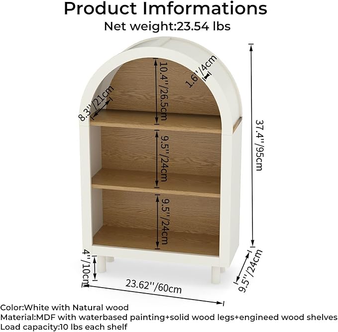 3-Tier Arched Bookcase,Modern Low Short Bookshelf,Small Wood Open Display Shelf,Arched Storage Cabinet for Living Room,Bedroom,Home Office,White