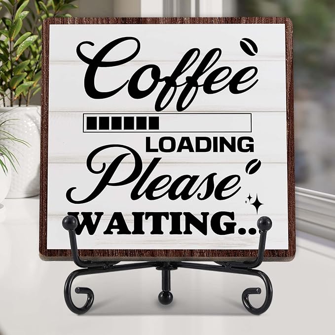Coffee Bar Decor, Farmhouse Kitchen Table Decor, Coffee Station Accessories, Wooden Decorative Sign with Iron Stand for Table Desk Shelf Display-E32