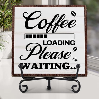 Coffee Bar Decor, Farmhouse Kitchen Table Decor, Coffee Station Accessories, Wooden Decorative Sign with Iron Stand for Table Desk Shelf Display-E32