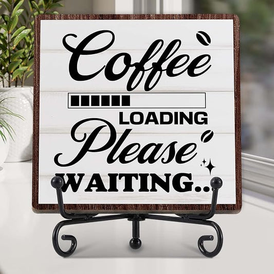 Coffee Bar Decor, Farmhouse Kitchen Table Decor, Coffee Station Accessories, Wooden Decorative Sign with Iron Stand for Table Desk Shelf Display-E32