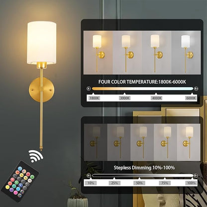 Battery Operated Wall Sconces Set of Two,Wireless Rechargeable Wall Light With Remote Control, Dimmable, 1800K/3000K/4000K/6000K/RGB, Timer, for Living Room, Bedroom, Fireplace, TV, 23.6 Inch, Gold