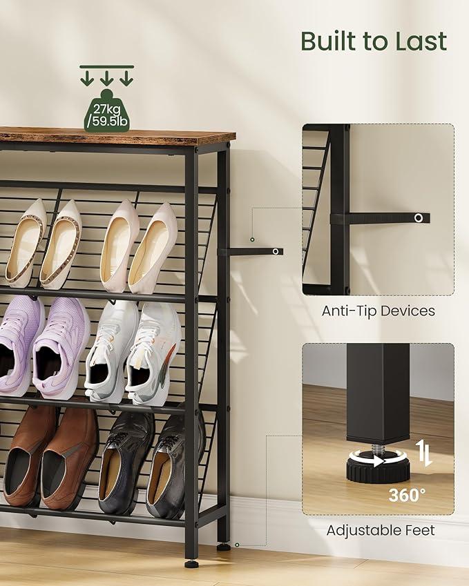 Shoe Rack, 4-Tier Narrow Shoe Storage Shelf, Slim Shoe Rack with Wooden Top and Metal Shelves, Slanted Shoe Organizer, Industrial Style, for Entryway, Hallway, Rustic Brown and Black TXJ76BF