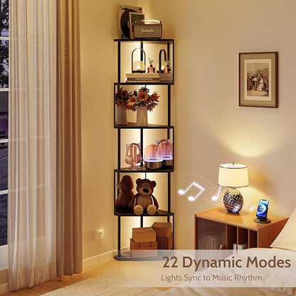 Industrial Corner Shelf with LED Lights & Mirror-Effect Panels, 6-Tier Modern Corner Bookshelf with Remote Control Color-Changing Lights, Space-Saving Display Unit for Bedroom & Living Room