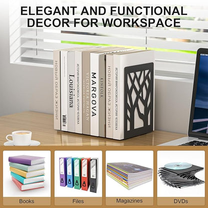 Bookends 4 Pieces, Tree Design Modern Metal Bookends for Shelves, Black Tree Book Ends Decorative Book Organizer for Desk, Decorative Shelve Book Stopper for Home Office