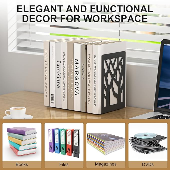Bookends 8 Pieces, Tree Design Modern Metal Bookends for Shelves, Black Tree Book Ends Decorative Book Organizer for Desk, Decorative Shelve Book Stopper for Home Office