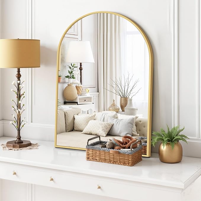 Arched Wall Mirror 30x20 Inch Gold Bathroom Vanity Mirror with Metal Frame, Modern Arch Mirror for Bedroom, Living Room, Entryway, Wall Mounted Decorative Mirror