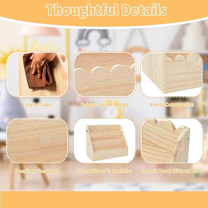 Kids Bookshelf 3-Tier, Solid Wood Bookcase & Montessori Book Display Rack, Open Front Facing Bookshelves for Toddlers, Children's Room, Nursery, Bedroom, Playroom Organizer (Large)
