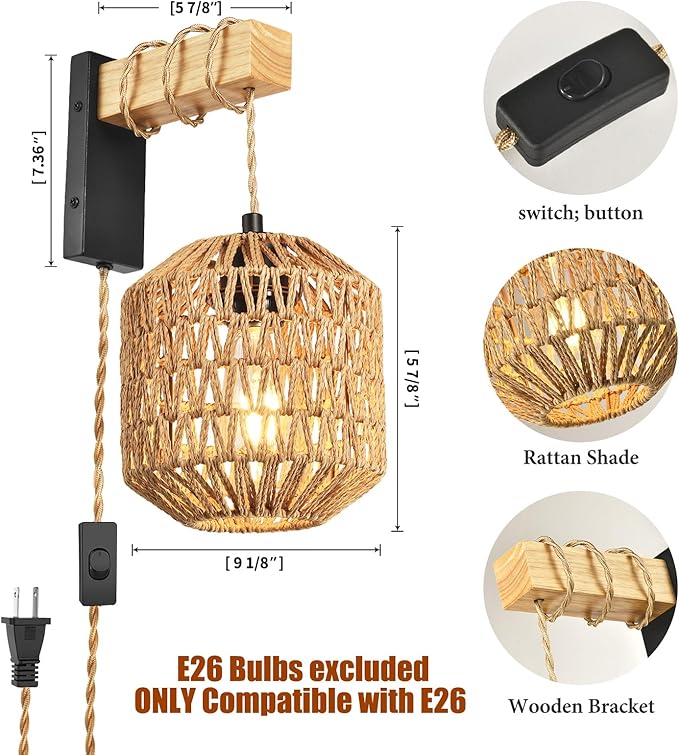 Rattan Plug in Wall Sconces Set of Two, Hand Woven Boho Wall Lamp Plug in Cord Wall Sconces for Bedroom Living Room Farmhouse