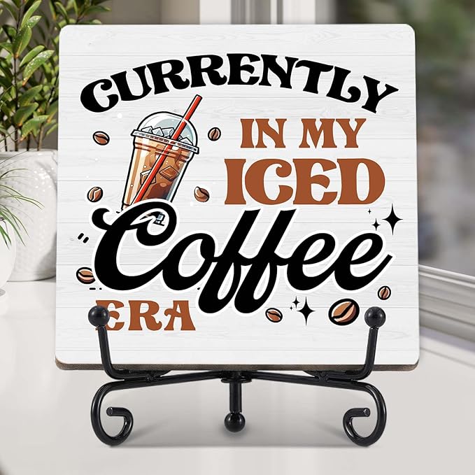 Coffee Bar Decor, Farmhouse Kitchen Table Decor, Coffee Station Accessories, Wooden Decorative Sign with Iron Stand for Table Desk Shelf Display-E33
