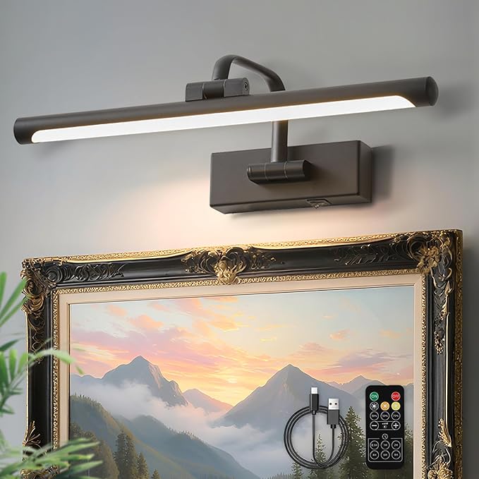 Picture Lights for Wall Battery Operated, Rechargeable Light for Picture with Remote & Timer, Black Art Light for Paintings Wireless Dimmable Cordless Gallery Frame Lights 16 Inch with 3CCT