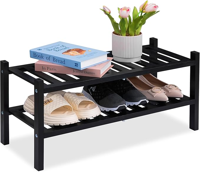 2-Tier Acacia Wood Shoe Rack - Stackable Entryway Organizer for Closet, Entryway, Easy Assembly, Indoor/Outdoor Storage Stand (Black)