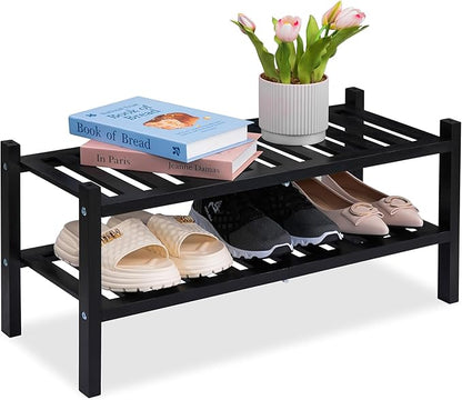 2-Tier Acacia Wood Shoe Rack - Stackable Entryway Organizer for Closet, Entryway, Easy Assembly, Indoor/Outdoor Storage Stand (Black)