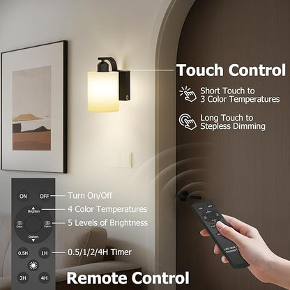 iThird Wall Sconce Battery Operated Set of 2, 6000mAh Rechargeable Wall Lights with Touch Control and Remote Control, Wireless Wall Lamps for Bedroom, Black Sconces Wall Decor for Living Room Hallway