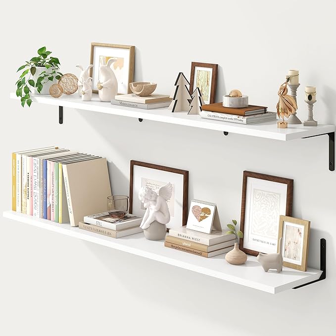 Fun Memories Deep Floating Shelves, 55W x 8D Floating Shelves Set of 2, Wall Mounted Shelf with Metal Brackets, Rustic Wood Wall Shelf for Bathroom, Kitchen and Living Room, White