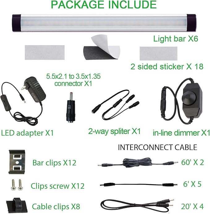 AIBOO LED Under Counter Light Rigid Bar Kit, Plug in Corded 12V LED Under Cabinet Lighting Dimmable with Switch for Counter Shelf Showcase Display Lighting (6 Panels,Daylight White)